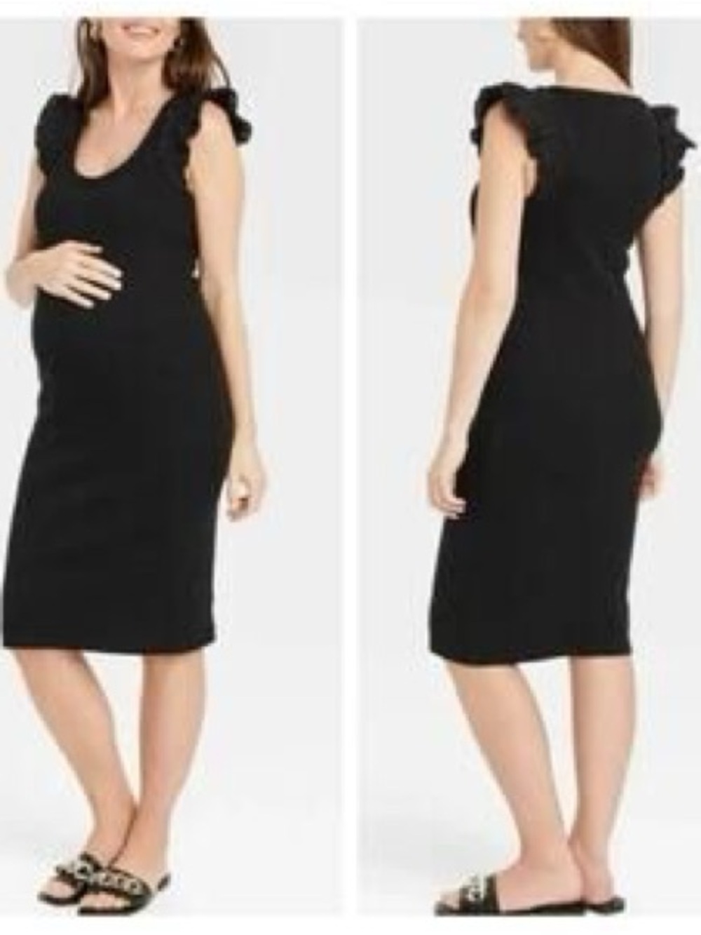 The Nines by Hatch Flutter Sleeve Ribbed Jersey Maternity Dress XS BLACK midi